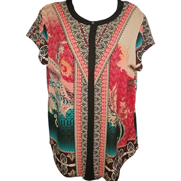 Dana Buchman Multi-Printed Button Up Short Sleeve Top - Picture 1 of 2